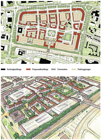 Top: Transit-oriented urban core with a new square framing the train station.  Bottom: Final stage of greyfield repair with parking lot developed and buildings replaced. 