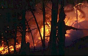 image, Silhouette of firefighter against flames.  Photo courtesy Bureau of Land Management.