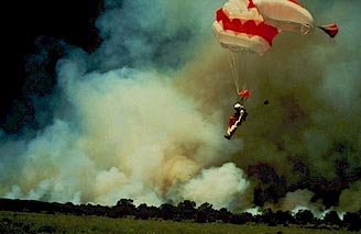 image, A smokejumper glides toward the ground near a wildfire.