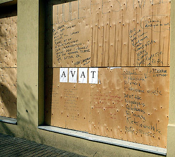 Boarded windows and poetry at the Apollo Bookstore in Tallinn. 