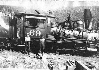 Bill Thomas in 1937 with engine #69, the last train to leave Frisco.