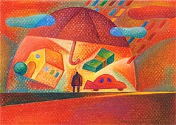Colorful city, rain, person painting.