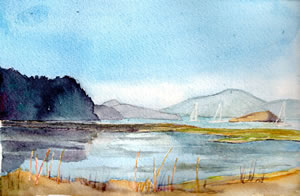 Watercolor painting, afternoon shadows at Spencer's Spit, Lopez Island, Washington.