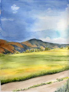 Watercolor painting, afternoon shadows from Scott Road, Rose Hill, South Thompson Valley, British Columbia.