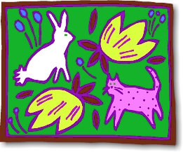 Rabbit, cat, flowers.