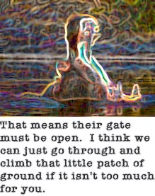 That means their gate must be open. I think we can just go through and climb that little patch of ground if it isn't too much for you.