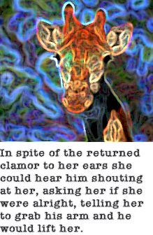 In spite of the returned clamor to her ears she could hear him shouting at her, asking her if she were alright, telling her to grab his arm and he would lift her.
