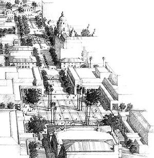 Pasadena Civic Center Master Plan sketch of main Pasadena frontage.