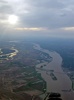 Aerial view of Mississippi River with sunset.