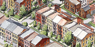Sketch of townhomes on street blocks.