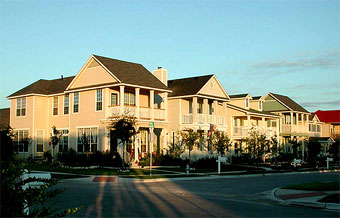 Strong architecture helps the single-family homes at Plum Creek hold the corner and provide an attractive and functional streetscape.