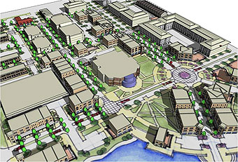 Rendering of the new Uptown District, Plum Creek's town center, currently under construction.