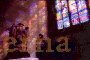 image, Stained glass reflection.