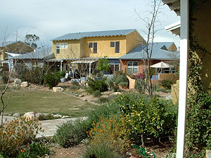 Sonora Cohousing common lawn and townhouses.