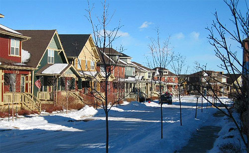 Snowy Bradburn Village streetscape. 