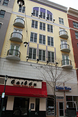Unique facades of the Fenestra Apartments above street-level shops and restaurants. 