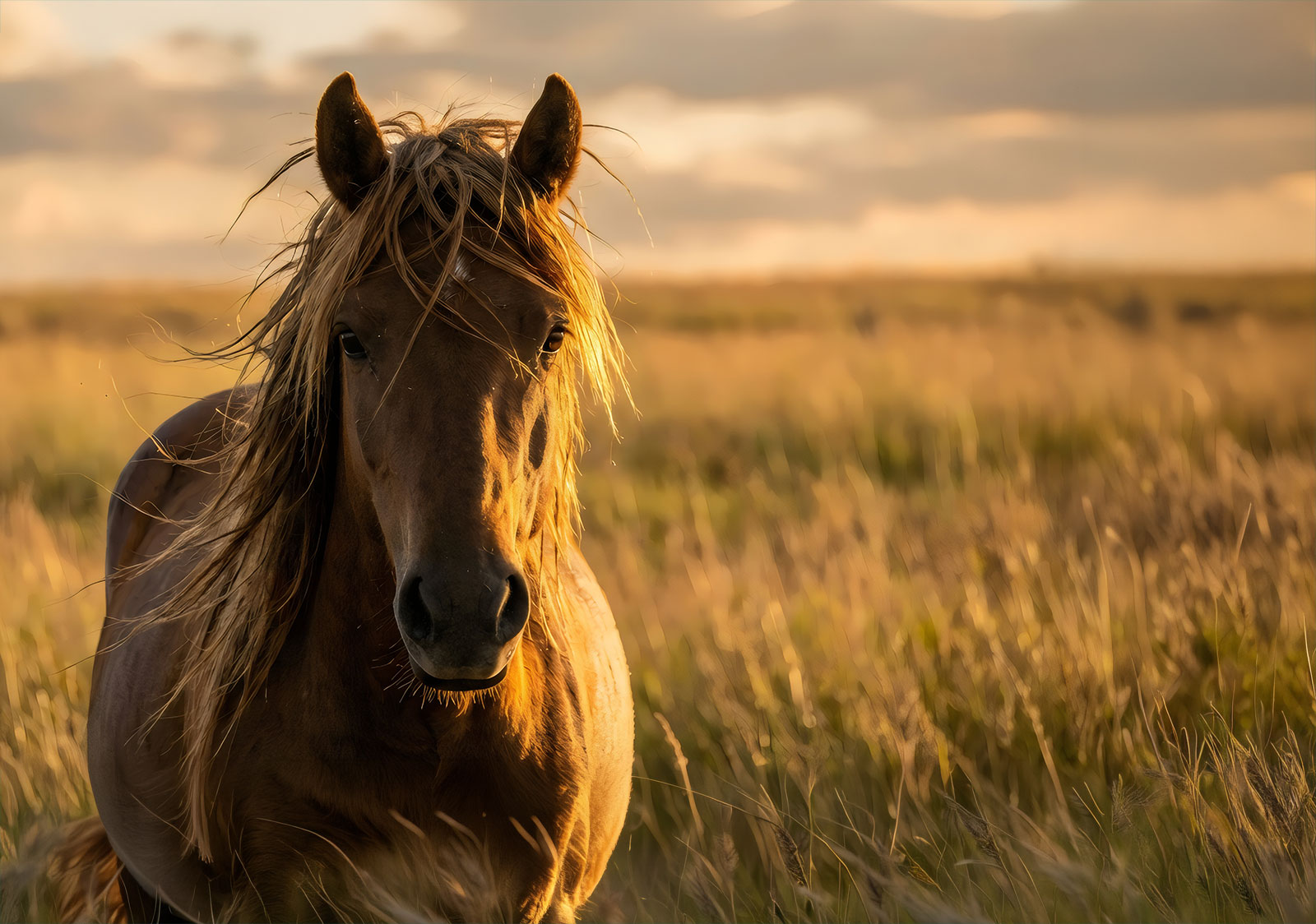 Wild horse in the golden light of evening