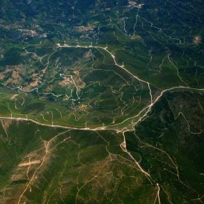 An aerial view of windmills