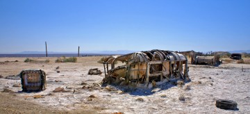 Bombay Beach trailer in the sand at the Salton Sea