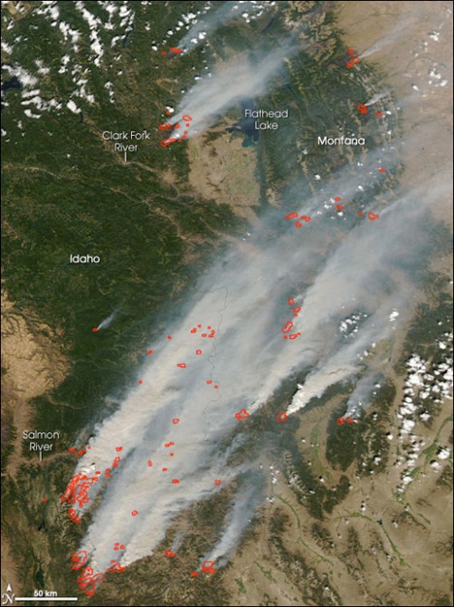Satellite view of 2007 wildfires in Idaho and Montana