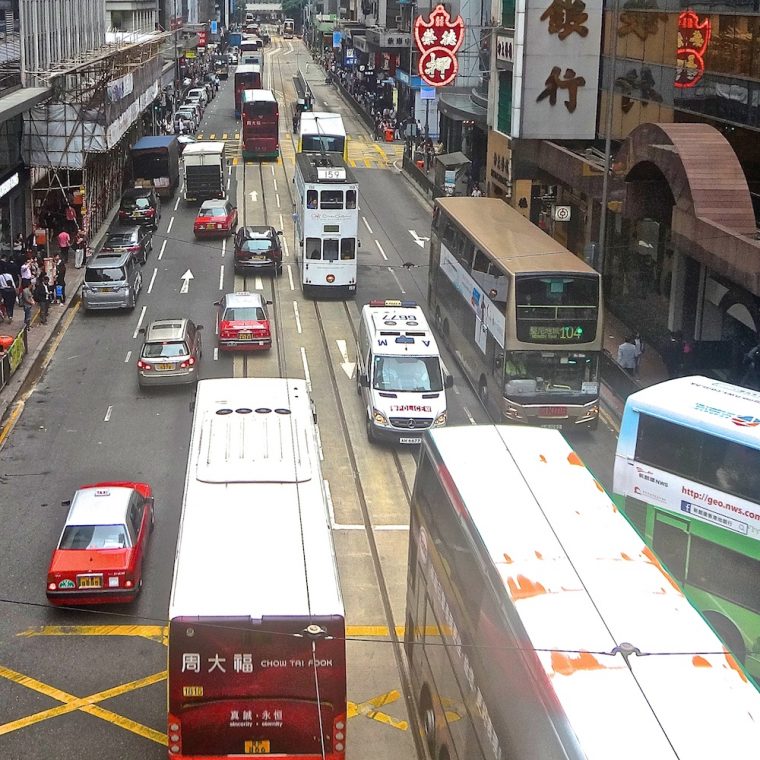 A relatively light traffic time on Des Voeux Road Central.