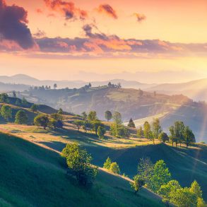 Sunrise over hills with trees