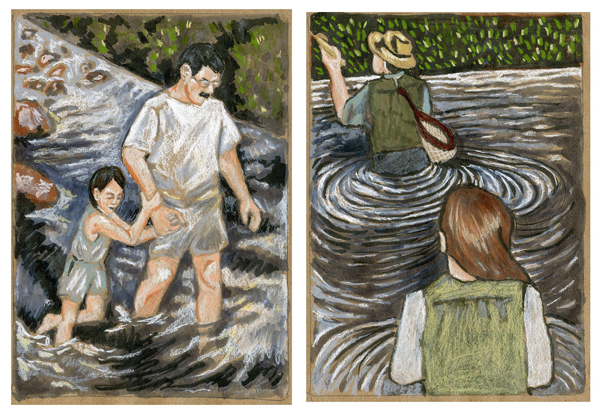 Dad and daughter in stream. Image by Martha Park.