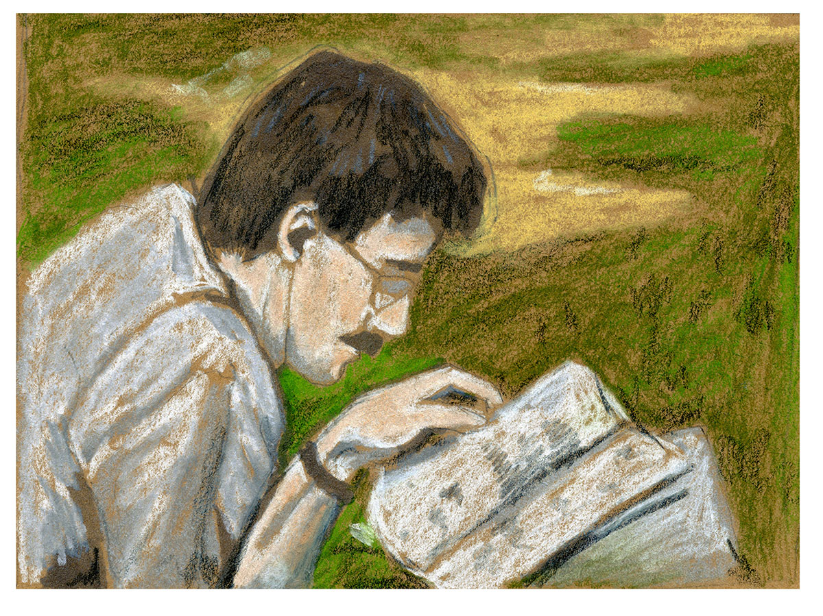 Father reading outside. Image by Martha Park.