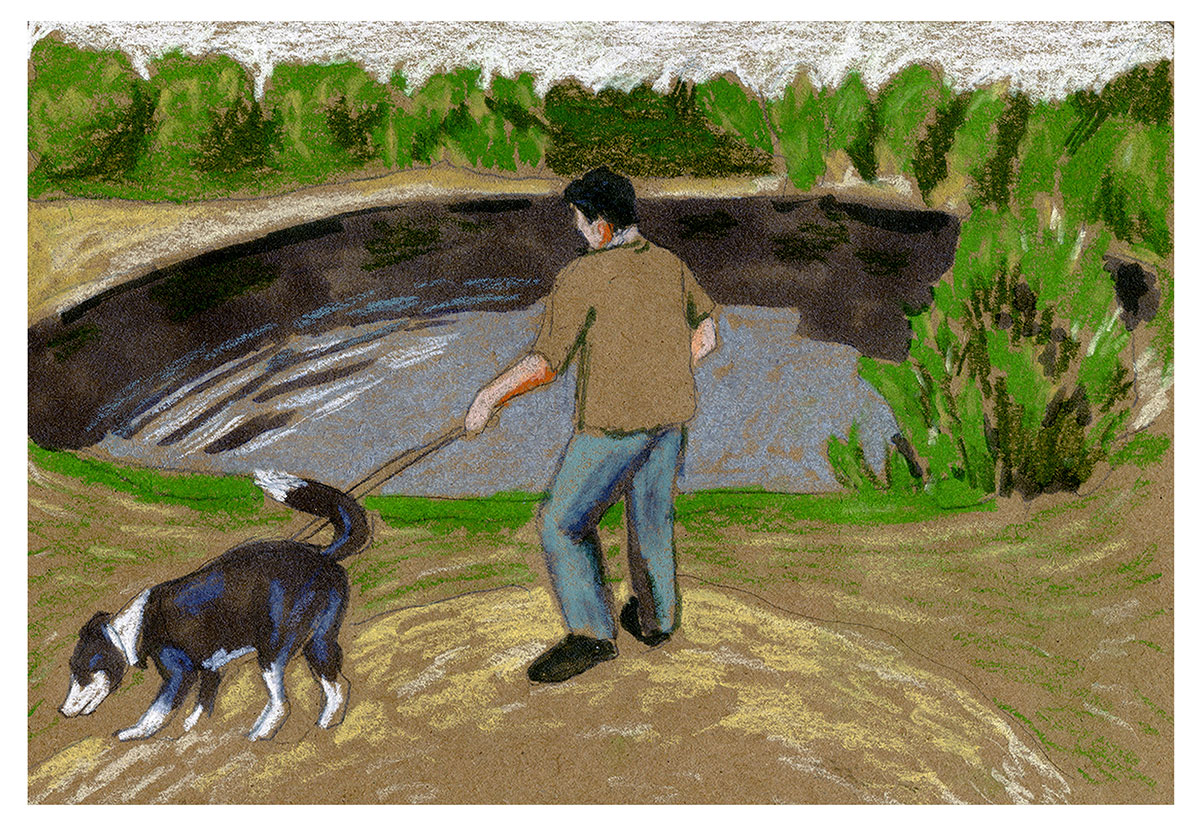 Father walking dog by lake. Image by Martha Park.