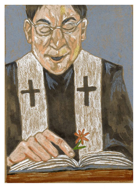 Father preaching from pulpit. Image by Martha Park.