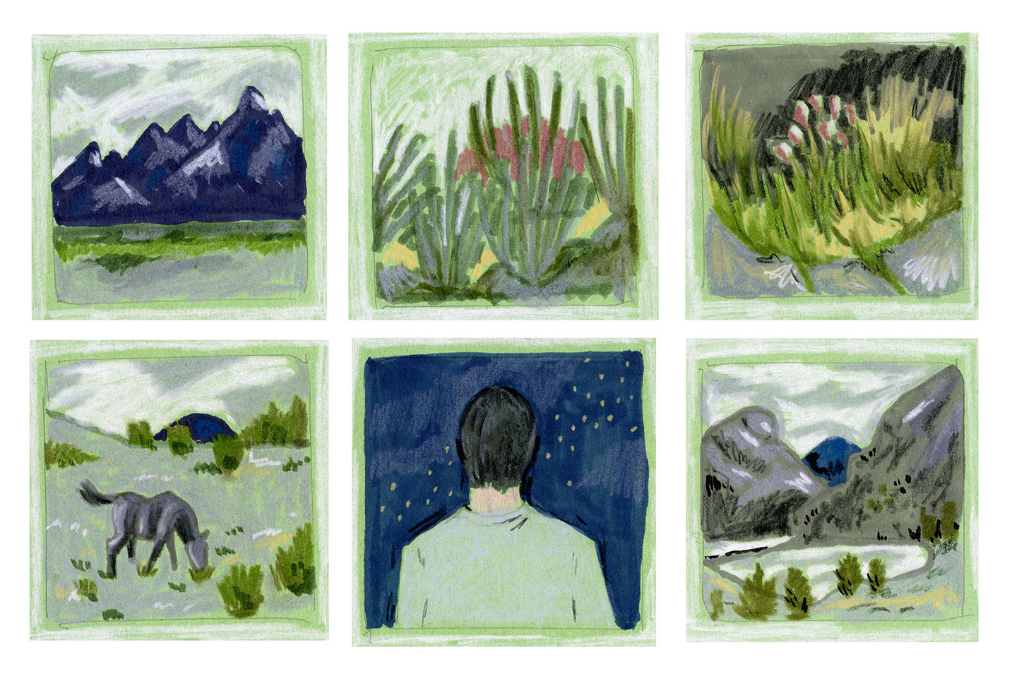 Six-panel strip of mountains, plans, landscape, and father looking at stars. Image by Martha Park.