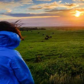 Garrett's daughter overlooking landscape at sunset