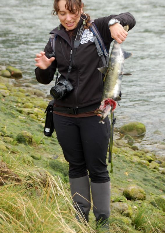 Hannah Hindley holds a salmon