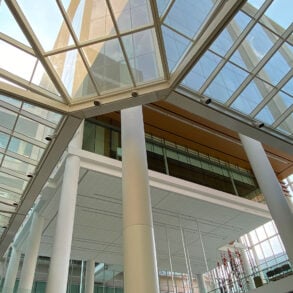 Office building atrium, looking up at windows