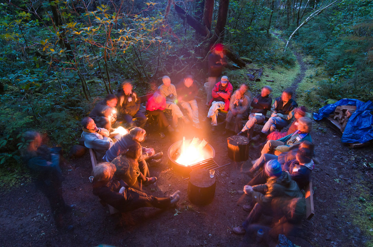 Gathering at Andrews Forest around campfire