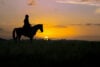 Silhouette of man on horseback at sunset