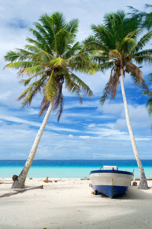 Palm trees, boat, and Marshall Island beach