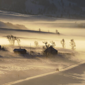 Wyoming road in blowing snow