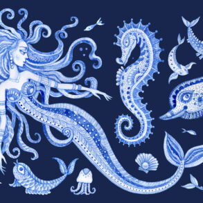 Mermaid illustration with sea creatures