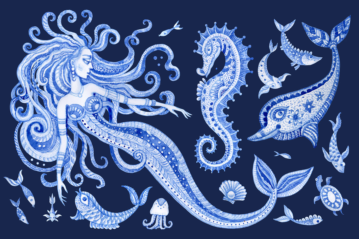 Mermaid illustration with sea creatures