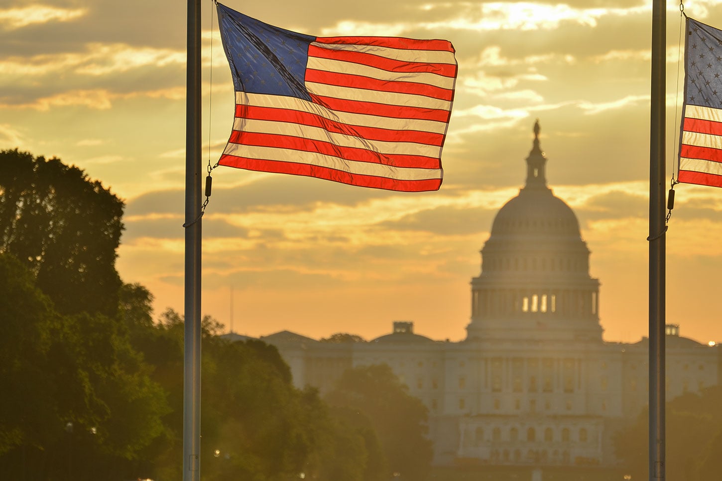 U.S. flags with U.S. Capitol in background, at sunset