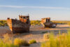 Abandoned, rusting ships in the former Aral Sea
