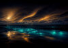 Bioluminescence on ocean with dramatic sky