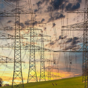 Transmission lines at sunset