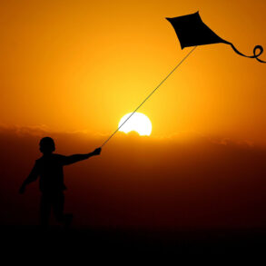 Boy with kite at sunset