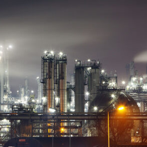 Refinery at night with fog