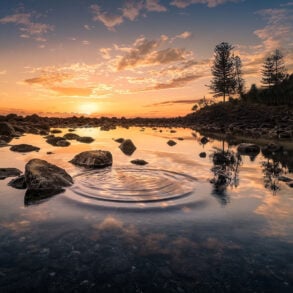 Lake with ripples at sunset