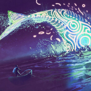 Painting of neon whale with man in rowboat