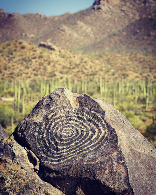 Petroglyph of spiral at Saguaro National Park West.