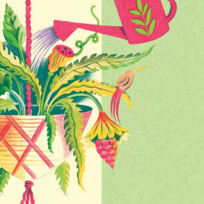 Watering hanging plant, illustration by Melissa Castrillón, from Leaning Toward Light